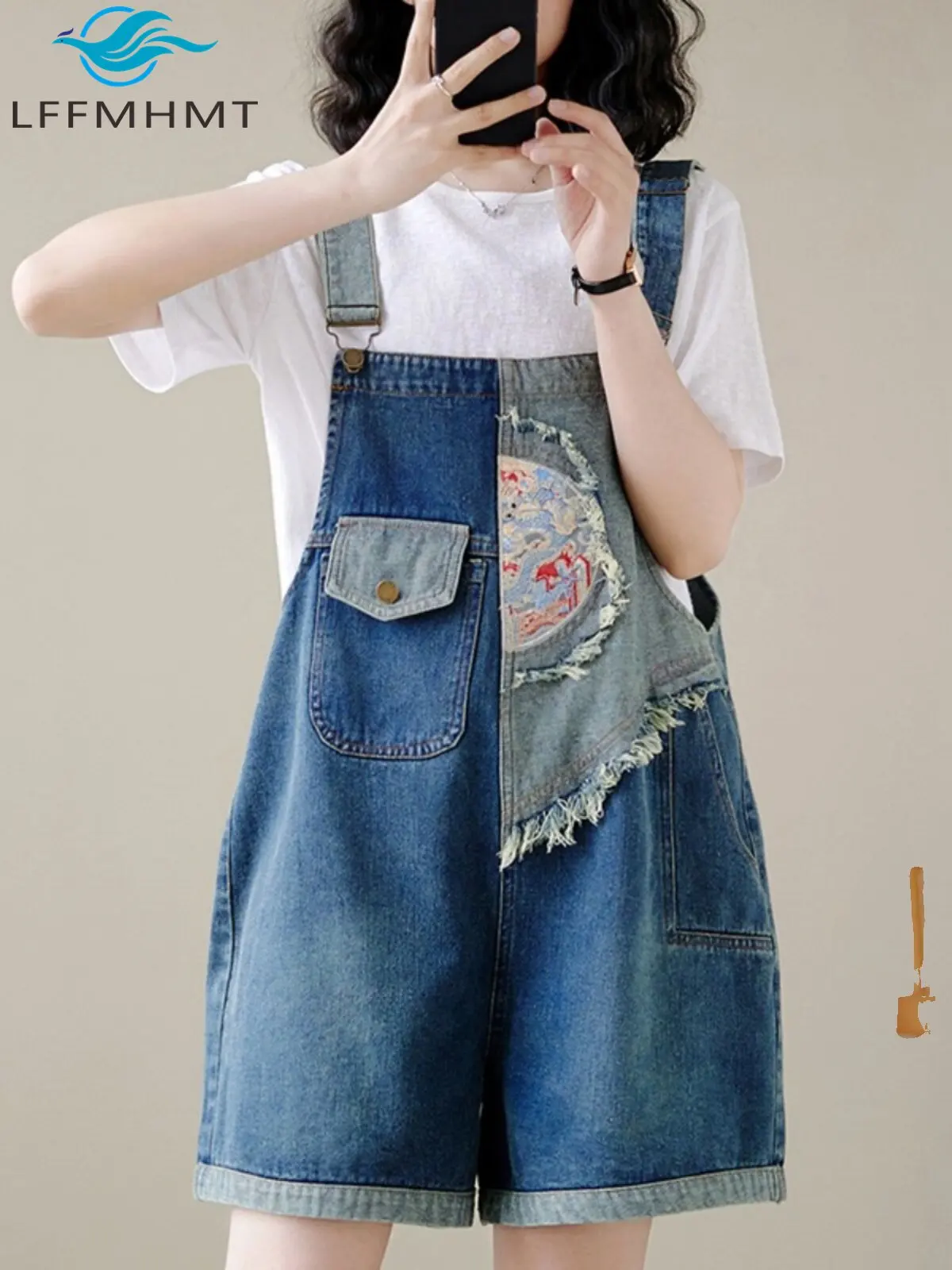 Women's Chinese Style Denim Overall Shorts Embroidery Loose Casual Summer Shorts 2026 New Youth Streetwear