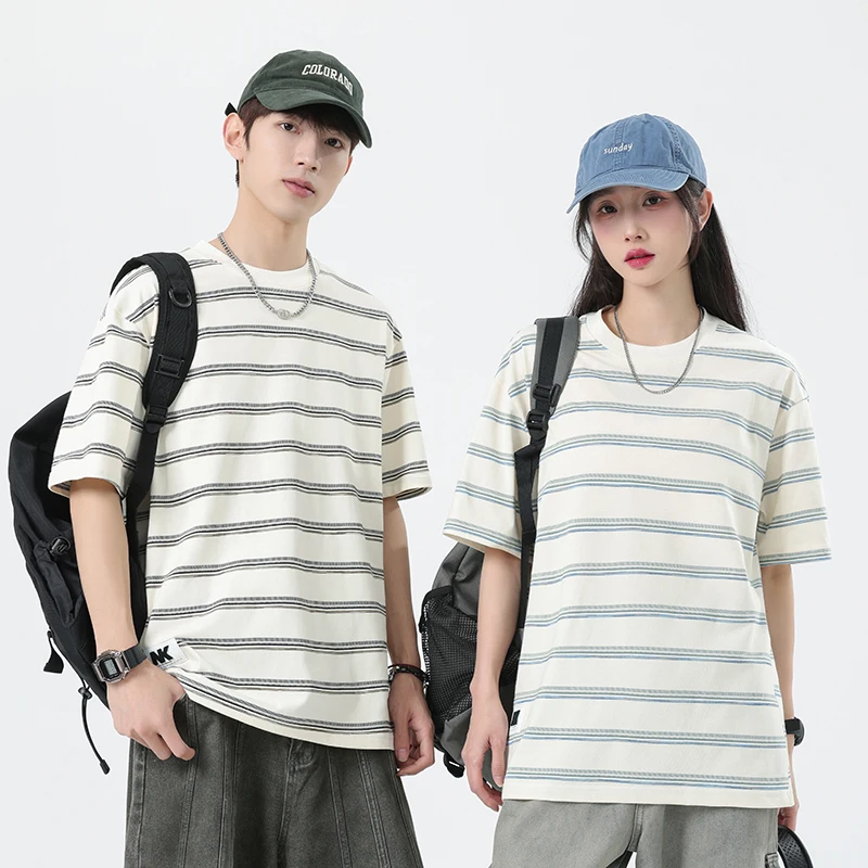 

SH81329 American high street tide brand men's loose fashion casual versatile thin striped short-sleeved T-shirt couple models