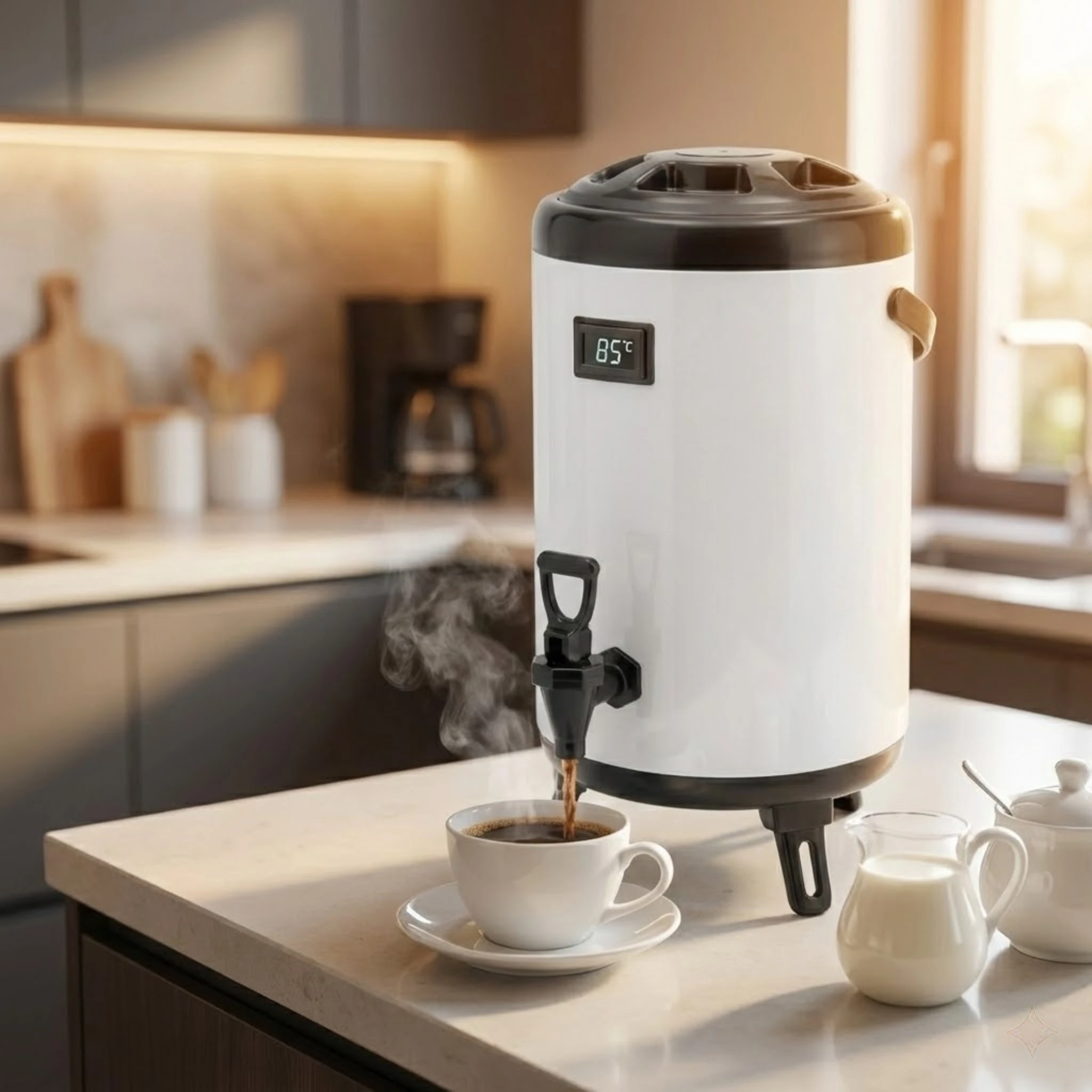 

White Insulated Beverage Server with Digital Thermometer for Event Home, Leakproof Hot Chocolate Juice Barrel Folding Stand