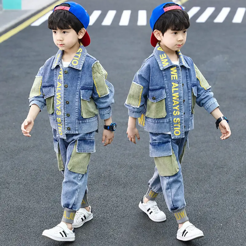 Spring Autumn 2 Piece Suit Casual teen Boys Letter Clothes Set Kid jacket Top + Denim Pants set 6 8 10 12 14 years