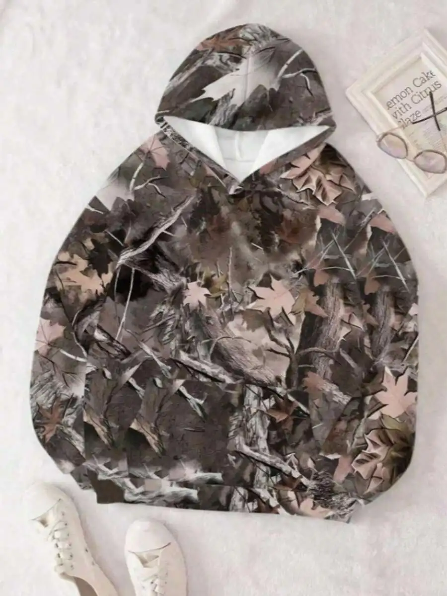 

Женская толстовка свободного кроя с принтом осенних листьев и веток, из мягкой хлопковой смеси, для повседневной носки осенью и зимой