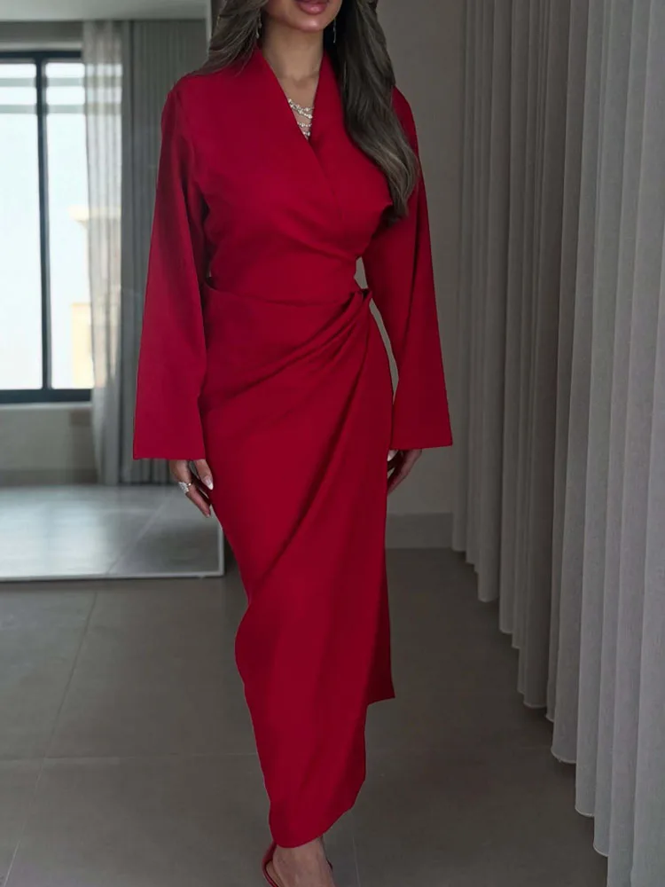فستان أحمر عالي الخصر مطوي للمكتب على شكل حرف a فستان غير رسمي بقصة ضيقة للحفلات فساتين ماكسي للسيدات برقبة على شكل حرف v وأكمام طويلة للخريف #3