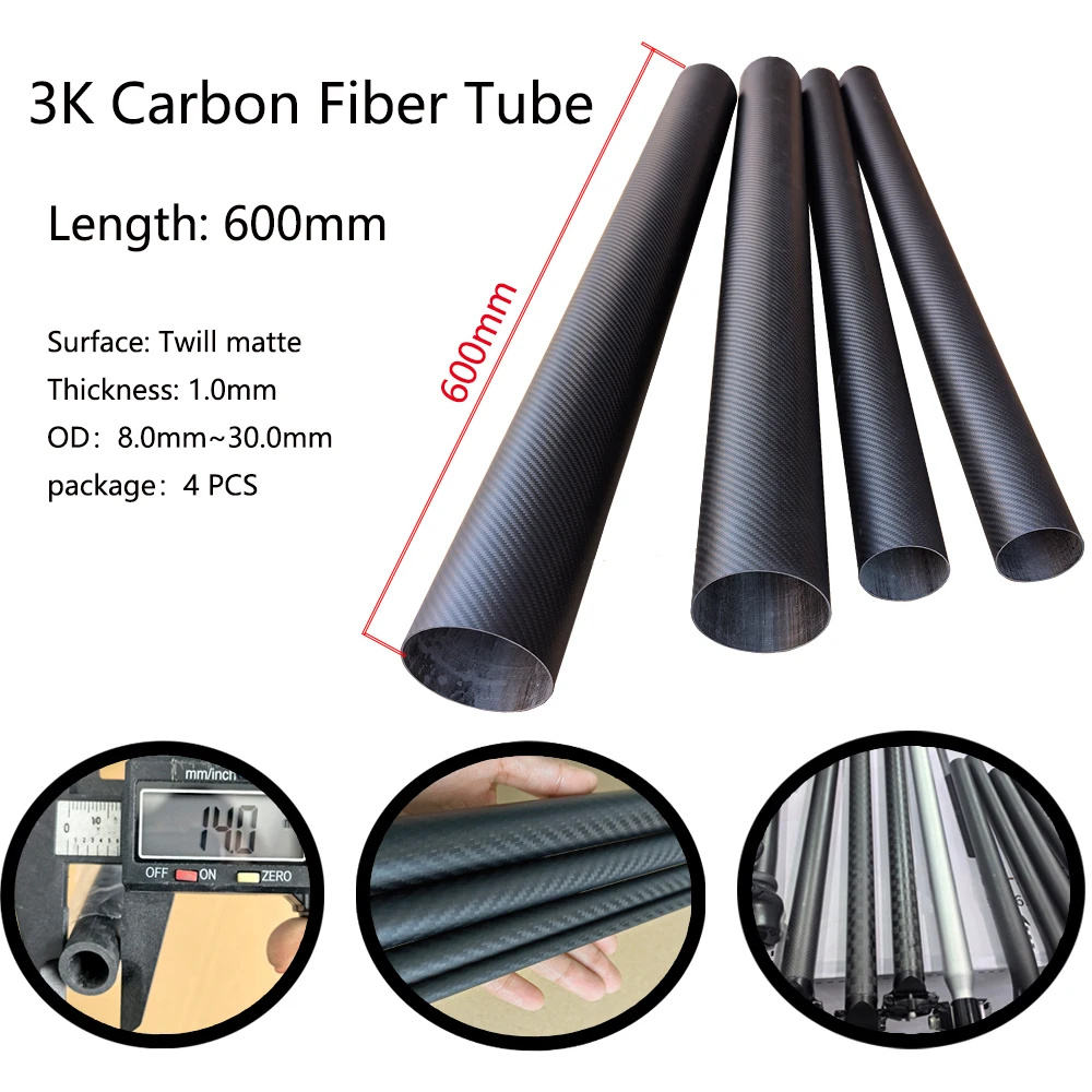 4pcs length 600mm Carbon fiber pipe surface 3K Twill matte Carbon tubeCarbon fiber Cylindrical hollow tube for DIY