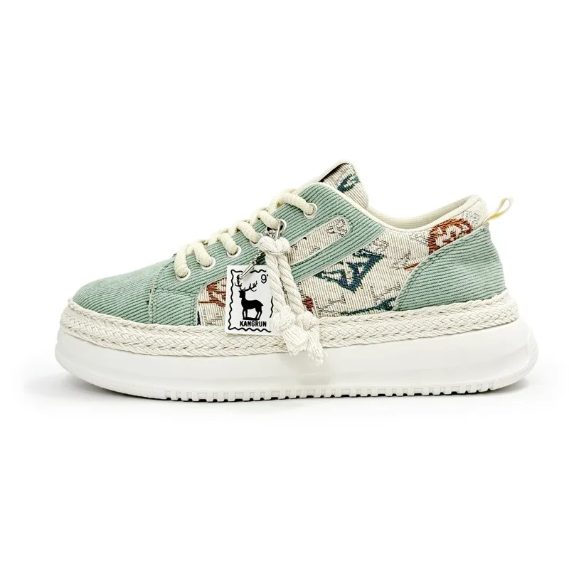 

Plus Size Women's Spring Summer Green Canvas Platform Sneakers with Vintage Print Lace-Up Casual Vacation and Daily Footwear