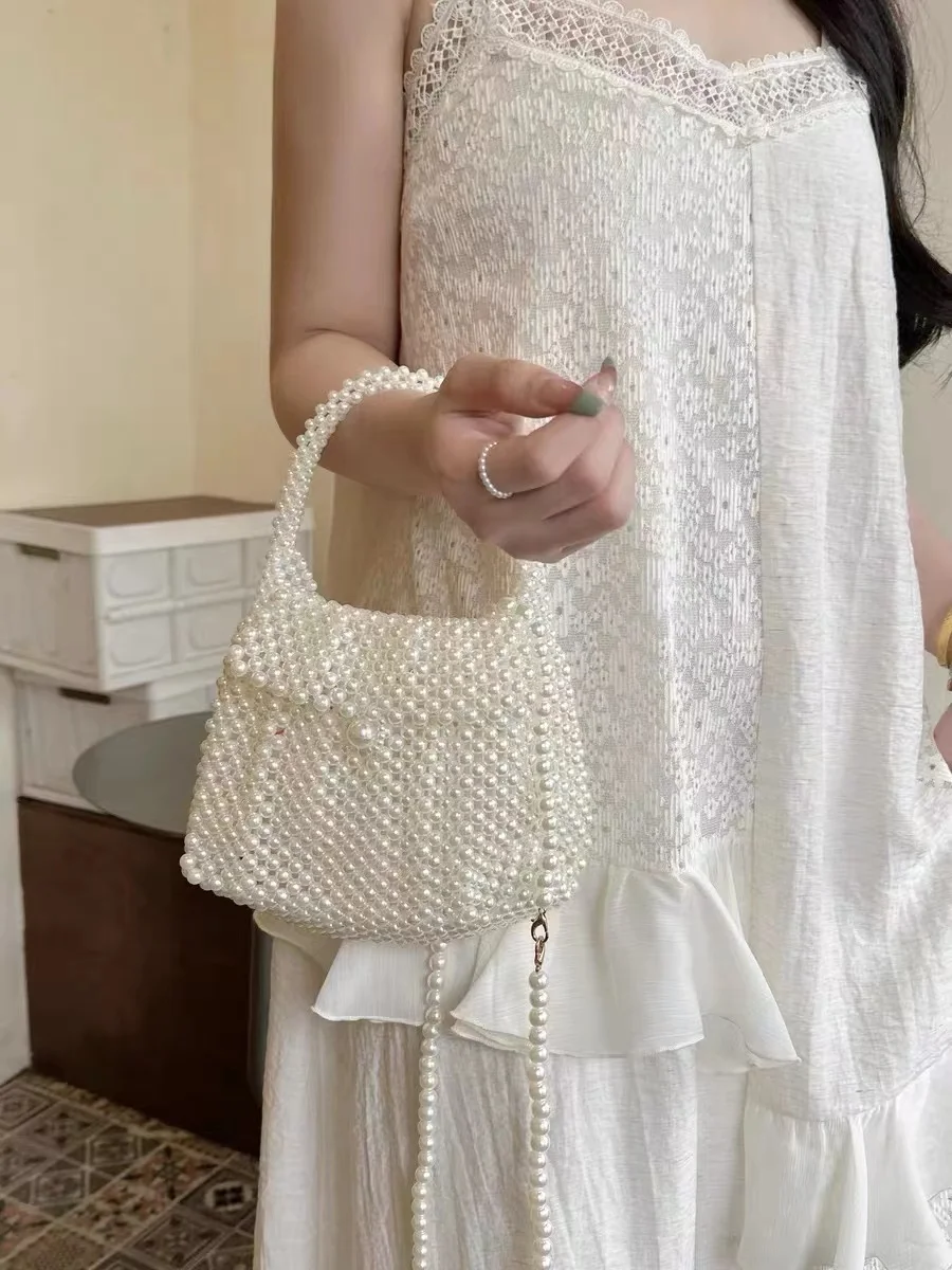 Women Fashion Handbag Shiny Pearl Beading Woven Handmade Square Bag Shoulder Underarm Bag Lady Purse Casual Bag Mobile Phone Bag