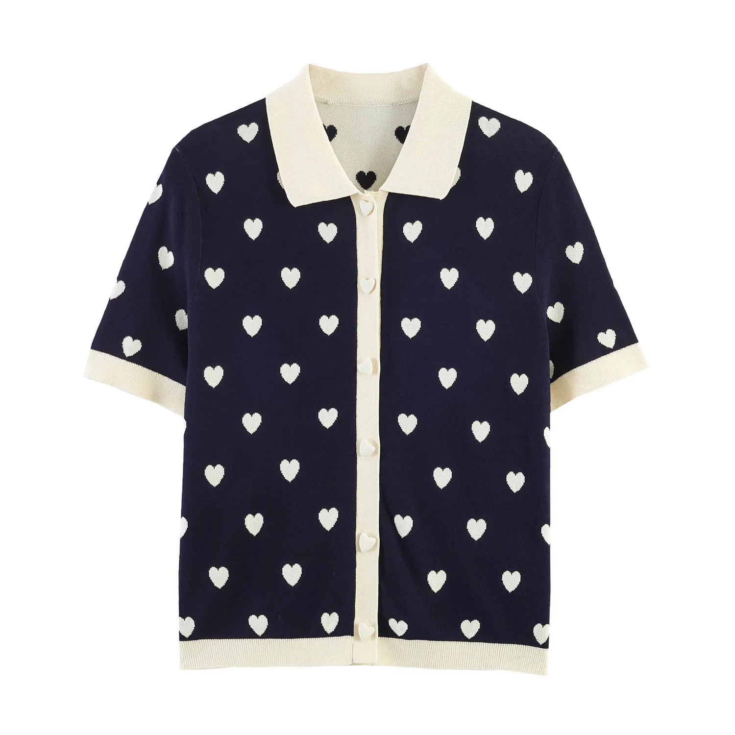 

Withered Summer New Women's Short Sleeved Contrasting Heart-shaped Jacquard Polo Shirt Blouses Women's Clothes Shirts Tops