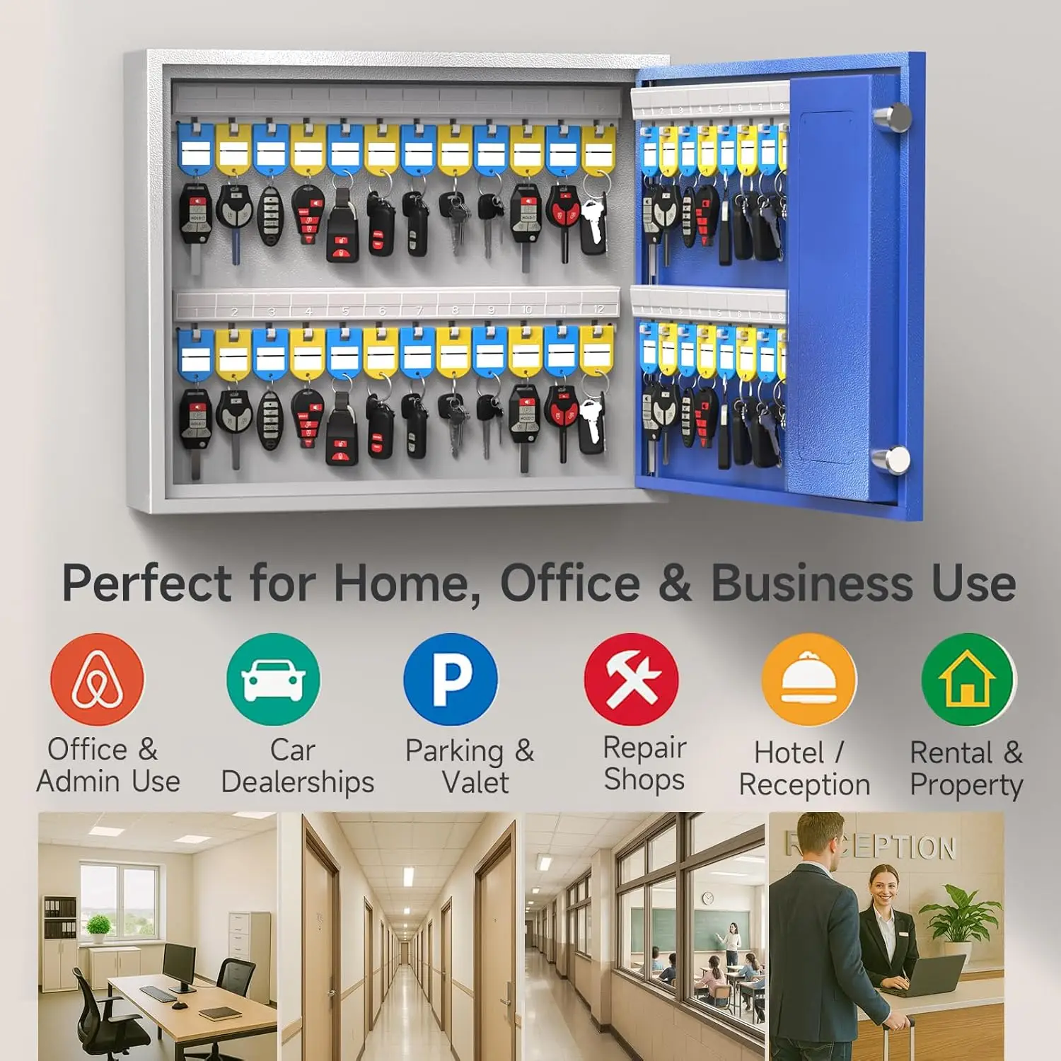 WeHere 40 Key Box Wall Mount,Metal Locking Key Cabinet Organizer with Key Tags Key Safe Security Storage Lockbox Holder