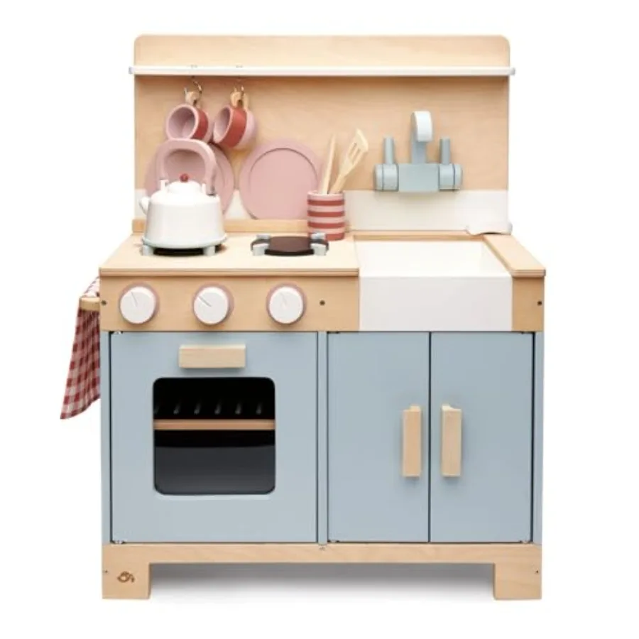 

Mini Chef Home Kitchen Wooden Kitchenette with Accessories for Pretend Cooking Red Natural Wood Durable, Eco-Friendly, Skill-Bu