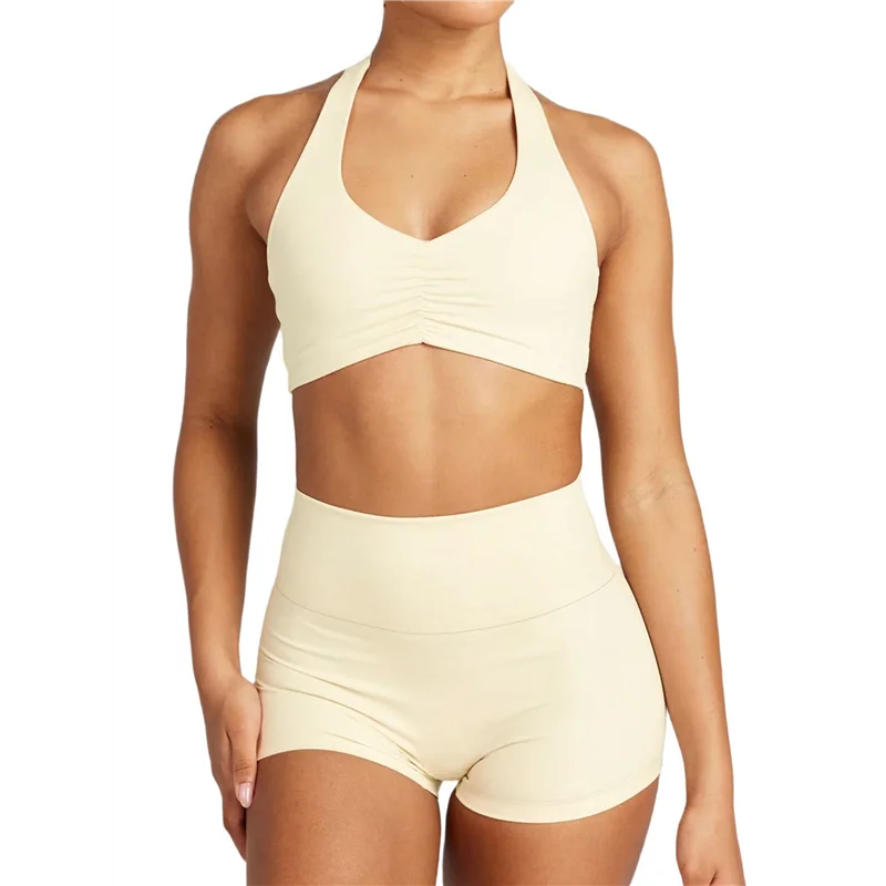 

CYL-Workout Sets For Women 2 Piece Wrinkles Halter Sports Bras High Waist Biker Shorts Exercise Gym Yoga Outfit