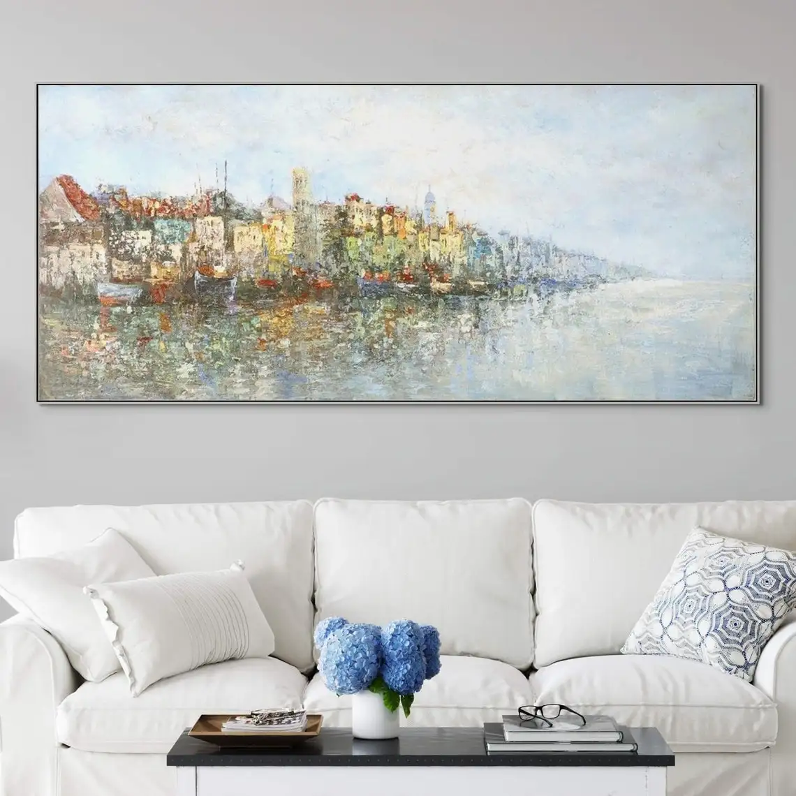 Hand Painted City On Lake Abstract Oil Painting On Canvas Abstract Wall Art Original Handmade Painting Town Ocean Large Wall Art