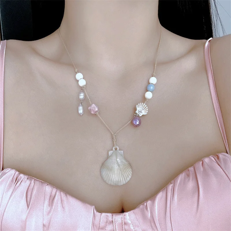 

Bohemia Colorful Beads Shell Pendant Necklace for Women Handmade Rope Braided Clavicle Chain Romantic Sweet Jewelry Gifts