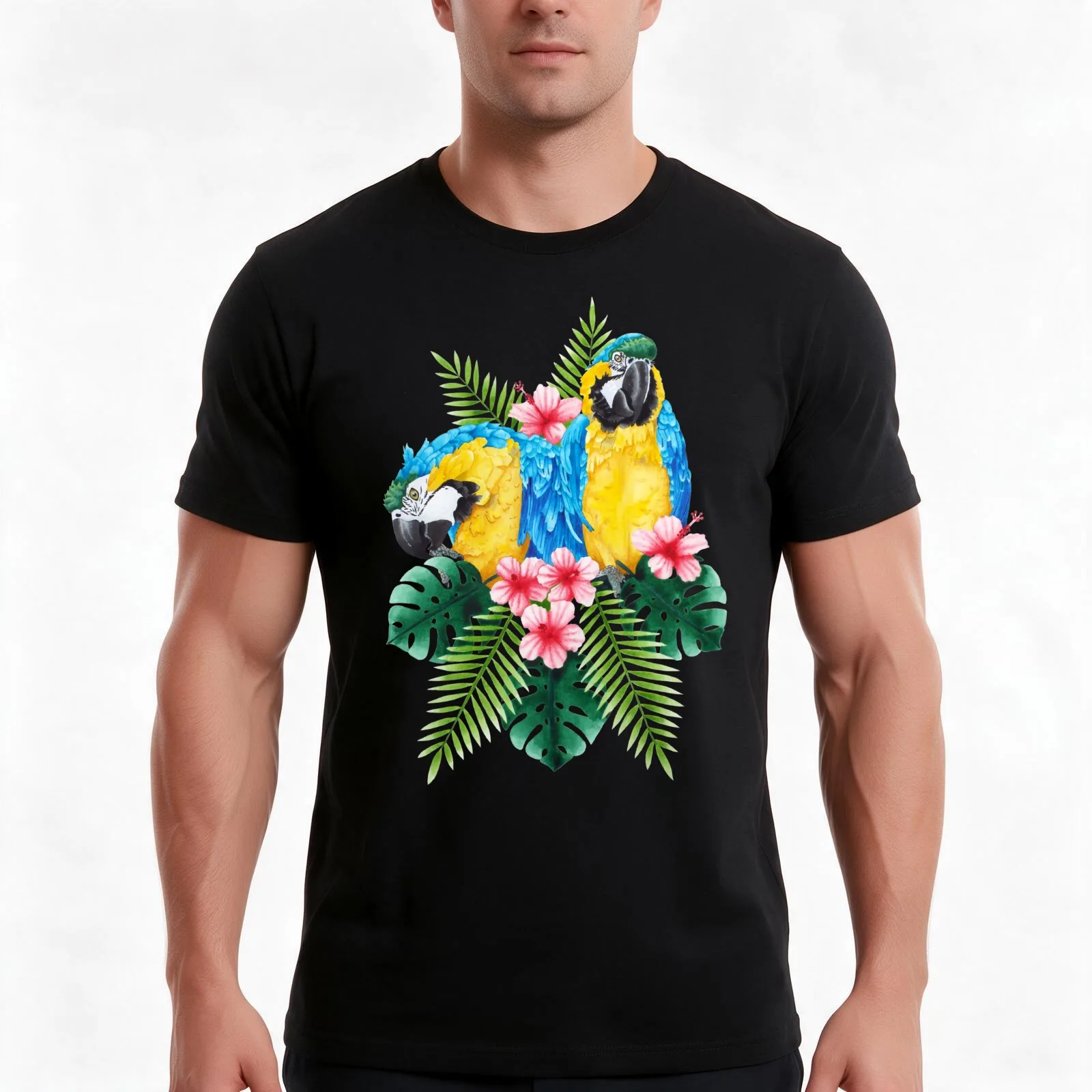 Blue and yellow macaw parrots T-Shirt, Summer Casual Cotton Tee, Oversized Streetwear Tops, Vintage Graphic Print, 100% Cotton