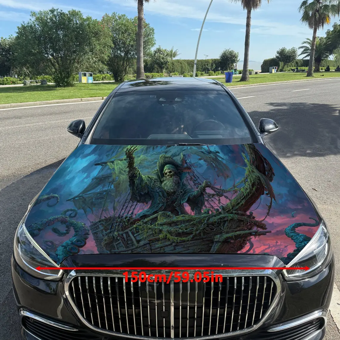 Fantasy Pirate Ship and Octopus Car Vinyl Wrap, PVC Waterproof Car Hood Sticker, Self-Adhesive Scratch-Resistant Stickers for En