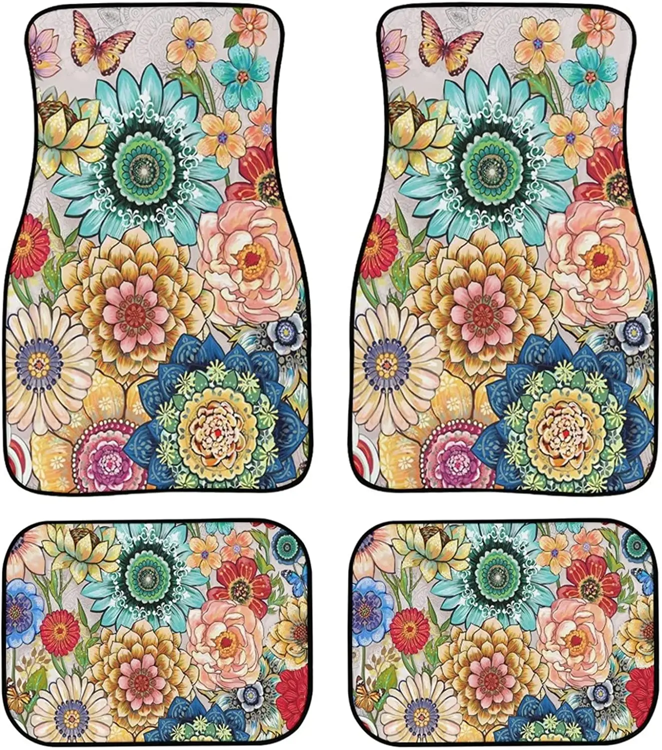 

PZZ BEACH Boho Mandala Flower Car Floor Mats Bright Floral Auto Protetcor Non Slip Universal Fit SUV Trucks