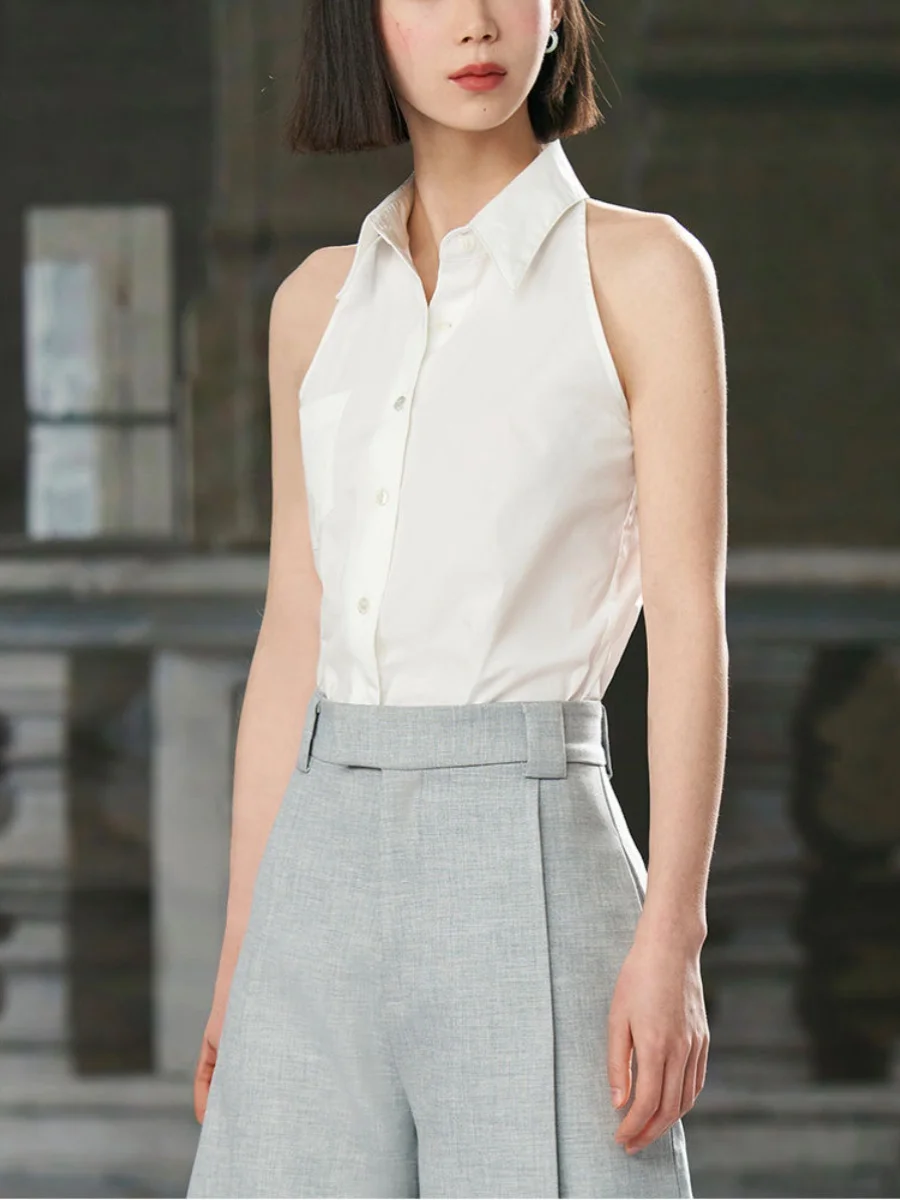 White Svel Ne Hanging irt صيف 2024 تصميم قاعدة الطبقة العلوية الكورية Sle فضفاضة تناسب زر التفاصيل مزيج البوليستر