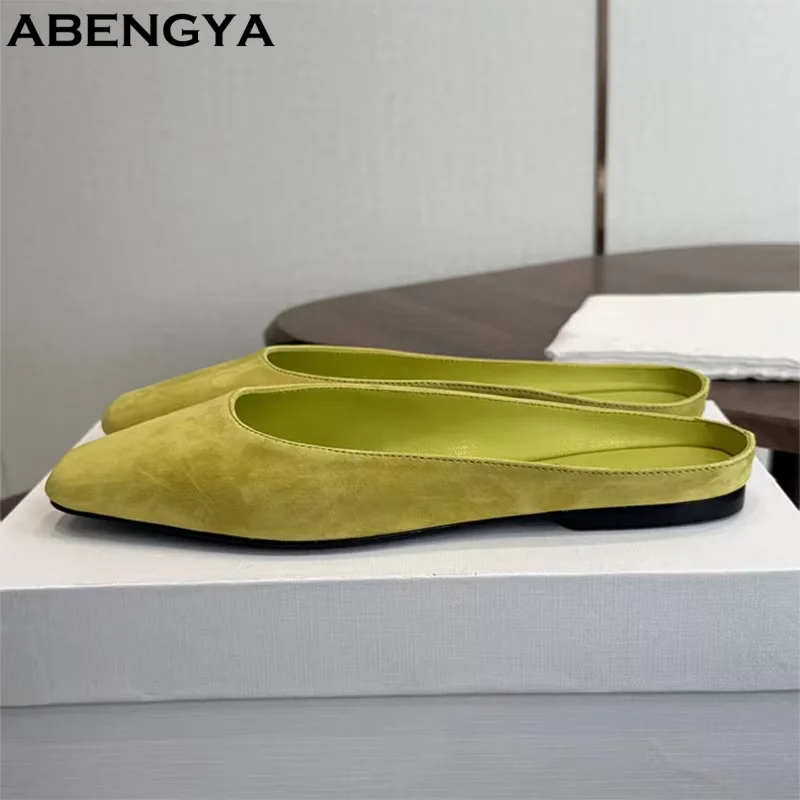 Suede Leather Half Flat Slippers Women's Shoes Slip On Loafers Round Toe Casual Slides Rome Sandals Women's Slippers 2026
