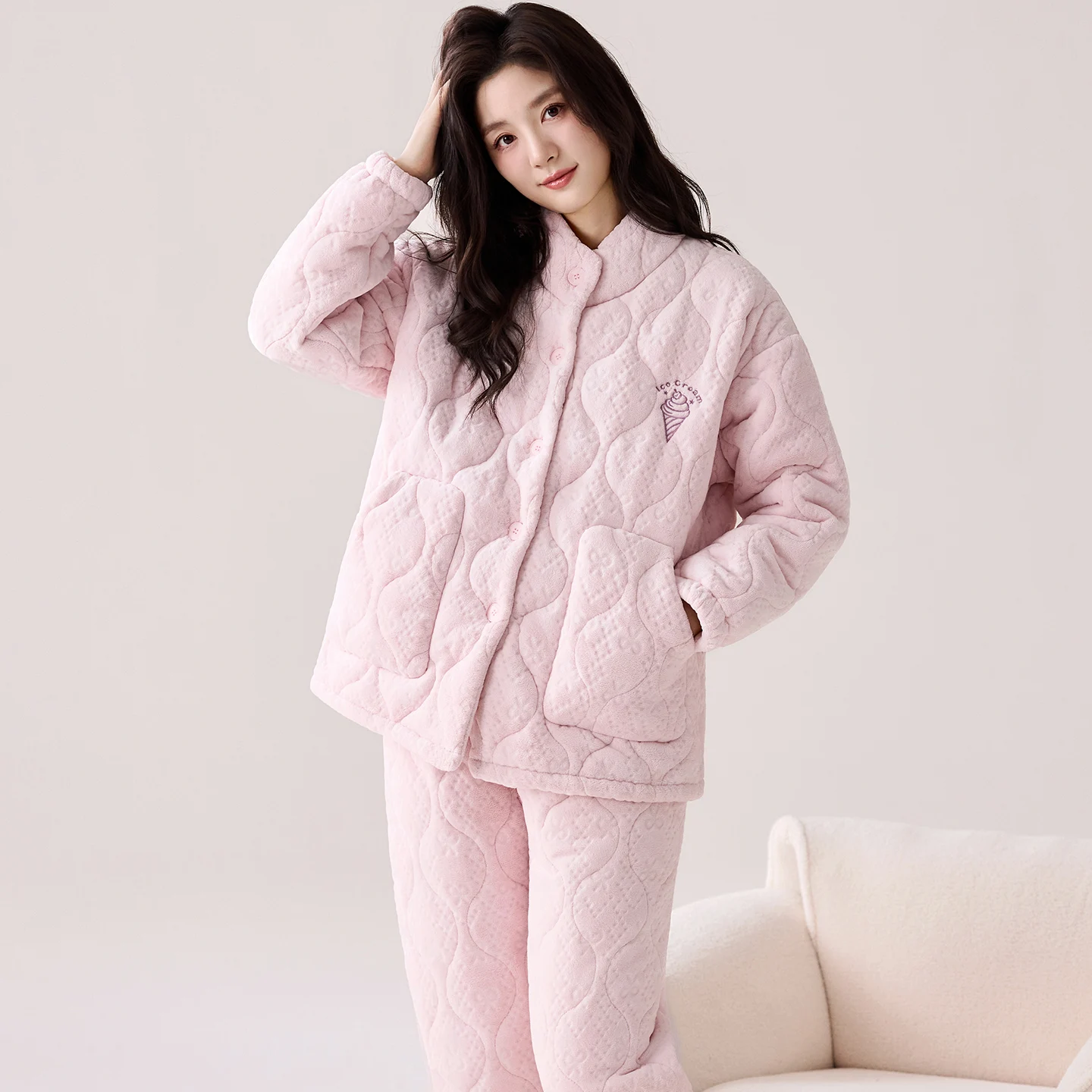 Young Girls Winter Warm Pajama Set Sweet Lovely Three-layer Thick Coral Fleece Quilted Sleepwear Home Wear Clothes Suit Female