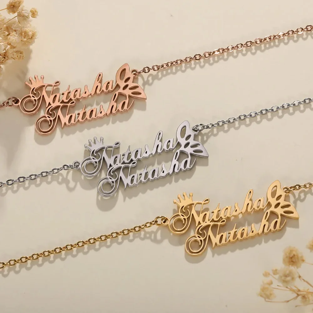 

Ожерелье с двойным именем по индивидуальному заказу, персонализированное ожерелье с короной и бабочкой из нержавеющей стали, 18-каратное позолоченное ювелирное изделие, подарок для пары