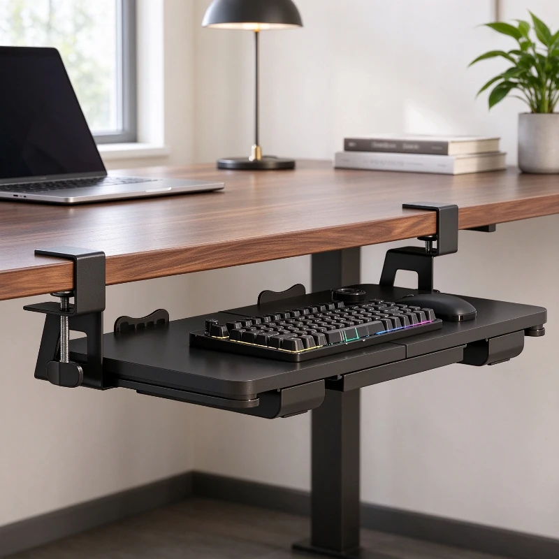 No Drill Under Desk Keyboard Tray with 10kg Capacity, Sliding Mouse Platform, Divided Storage for Ergonomic Office Computer Work