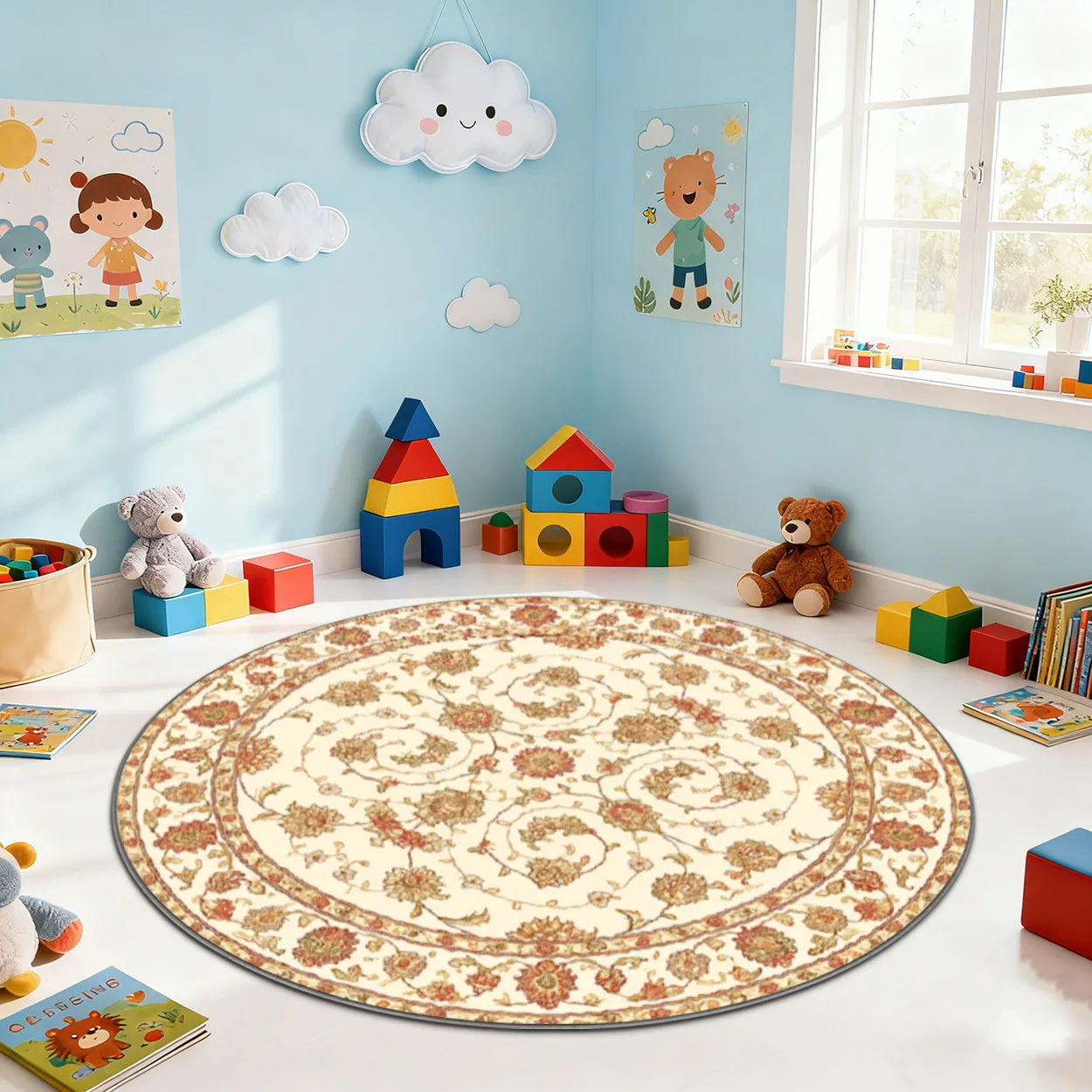 Festive Elegant Bloom Motif Round Rug Decorative Non Slip Door Mat Versatile Accent For Gym Dance Studio Lounge Room