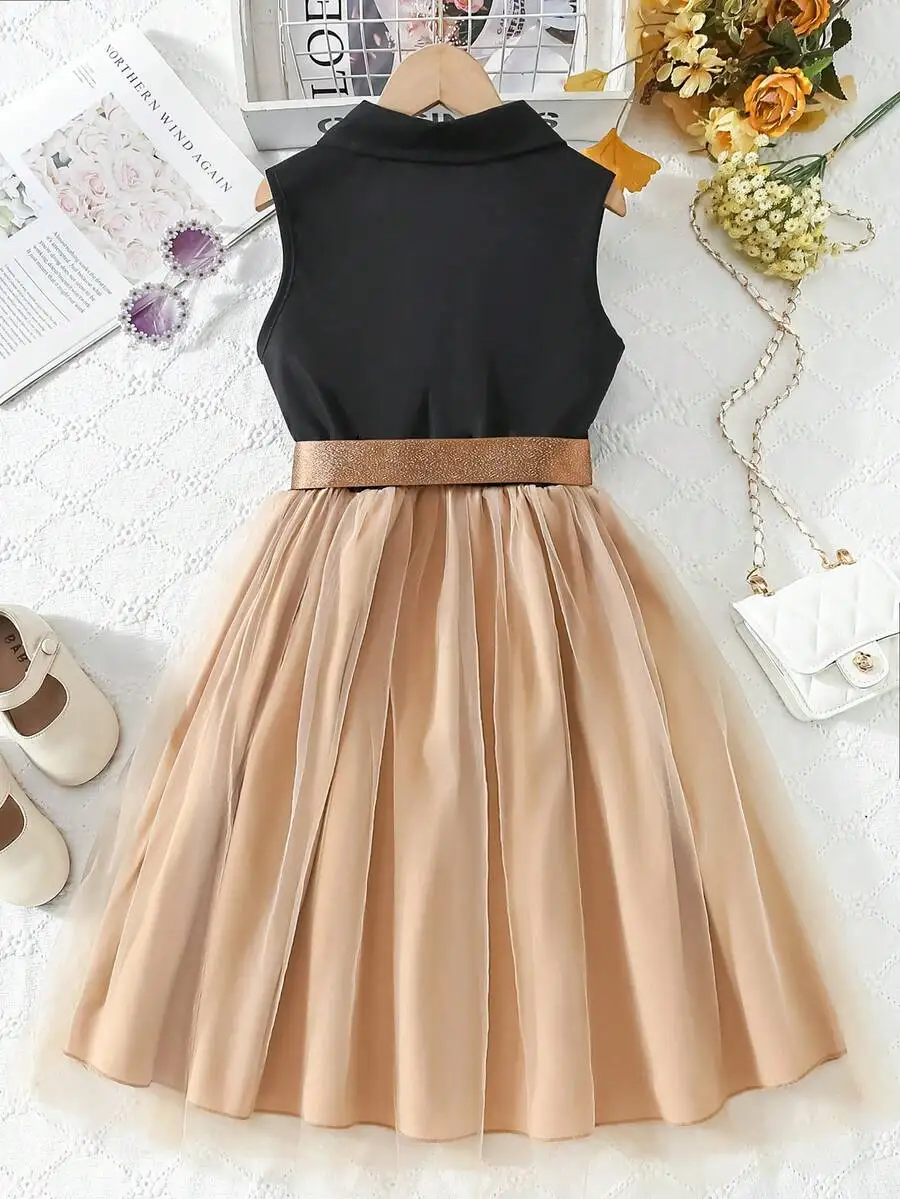 

Elegant Sleeveless Solid Color Dress With Belt, Shirt Collar, Pleated Tulle Skirt, Casual Formal Wear