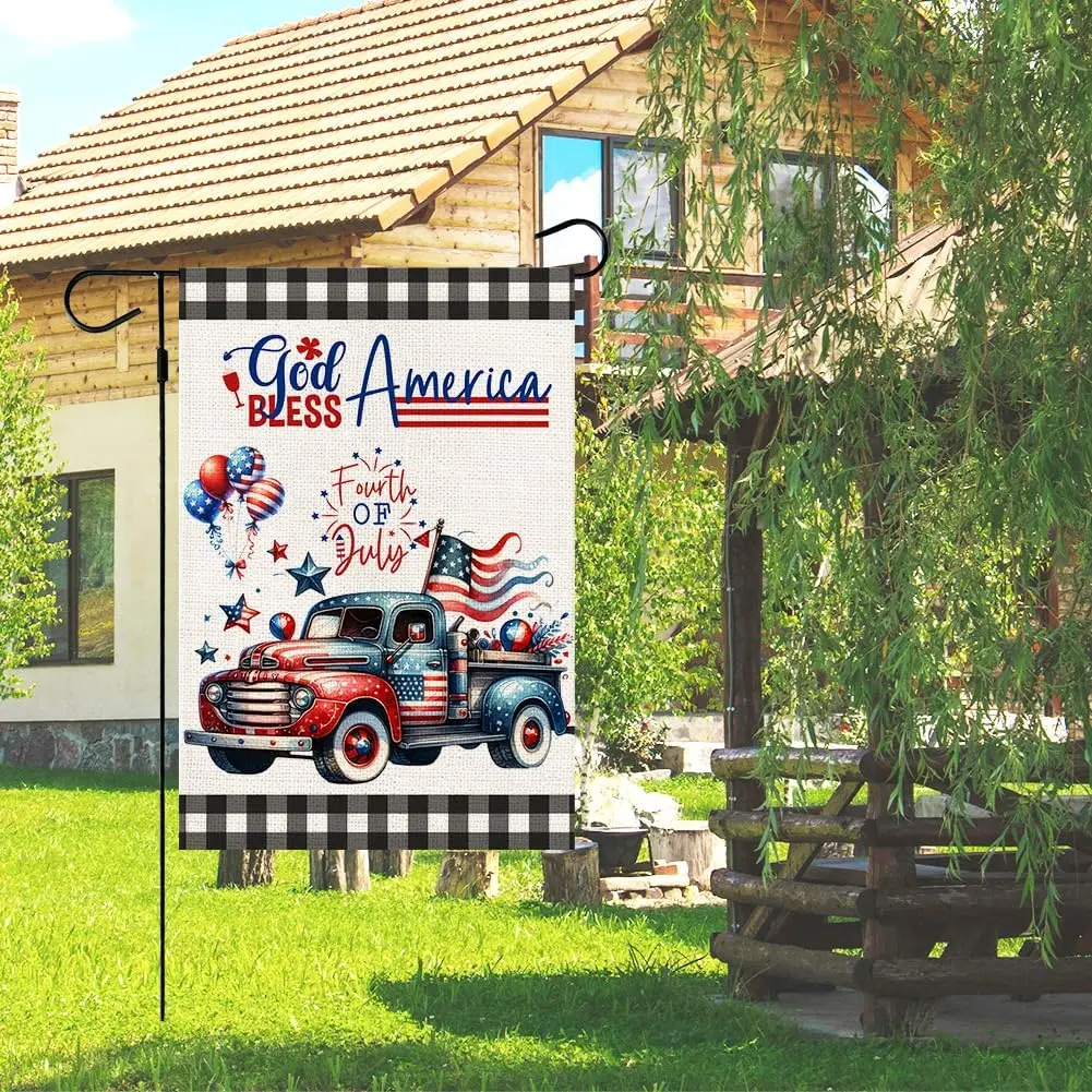 4th of July Garden Flag, Buffalo Plaid American Patriotic Truck Flag, Double Sided Memorial Independence Day Decor, God Bless Am