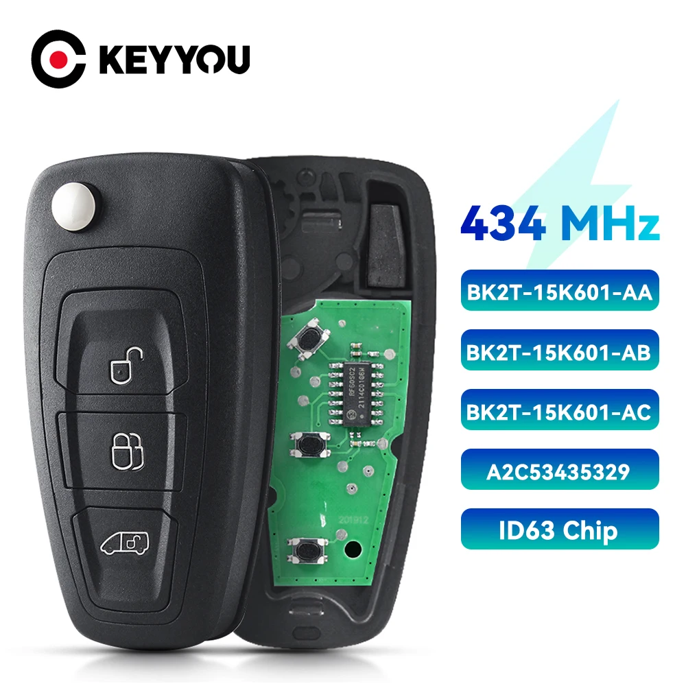 

KEYYOU For Ford Transit / Custom 2014-2016 Remote Control Key FCCID BK2T-15K601-AA/ AB/ AC Aftermarket 3 button 434MHz Key