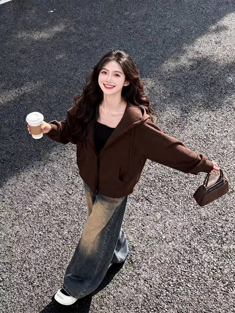 

Retro Loose Hooded Brown Sweatirt Jaet Wide Leg Jeans Women's Spring High Waist Long Sve Casual Set Faionable
