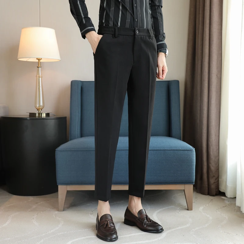 

Men's Woolen Casual Trousers Slim Fit Autumn Winter Thi Busin Anti-Wrinkle Nine Points Pants Faionable Urban Sle