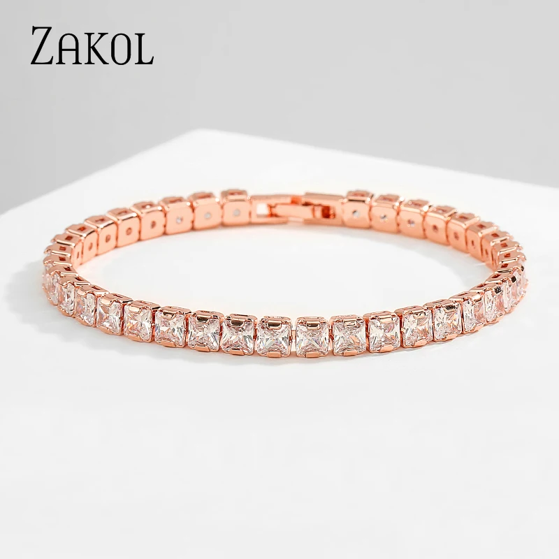 ZAKOL Shinny Square Cubic Zirconia Charm Bracelets for Women Fashion Korea Sliver Color Bracelet Wedding Party Jewelry BP2211