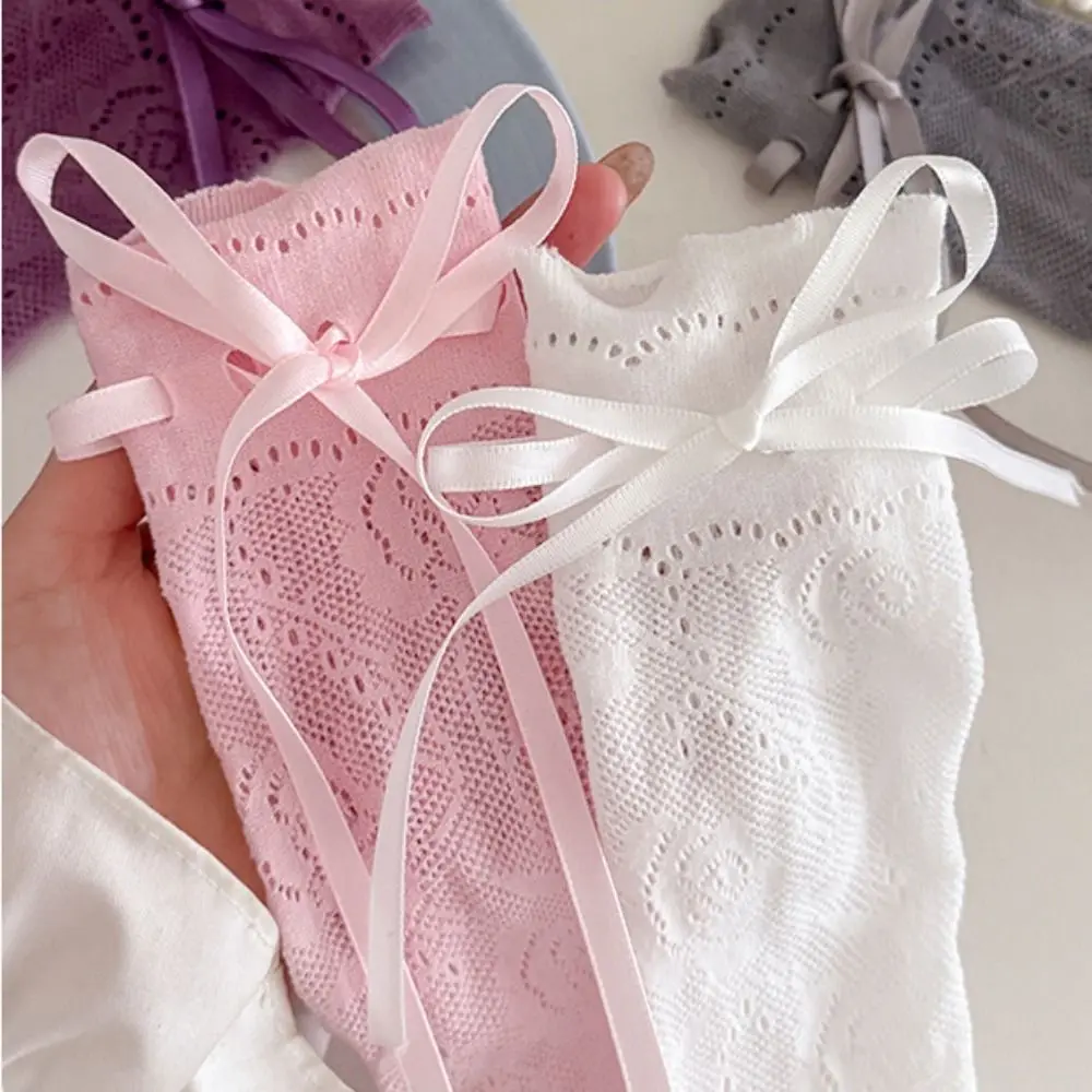 1 Pair Thin Material Lace Socks Rose Pattern Bow Tie Desig Slouch Socks Lace Trim Comfortable Bow Tie Socks Casual Wear