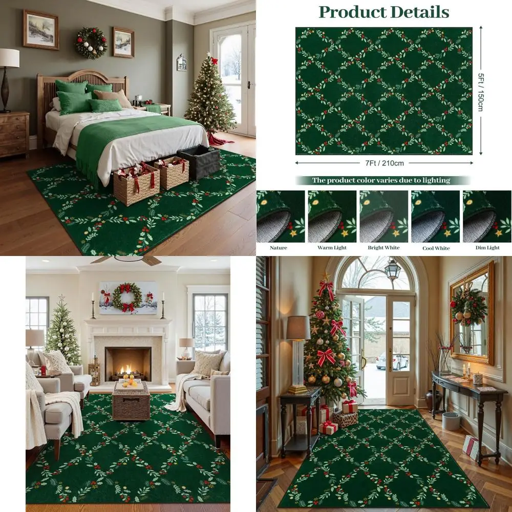 

2025 Christmas 5x7 Rugs for Living Spaces, Soft Low Pile Washable for Bedrooms, Green Diamond Design for Dining, Playrooms, and