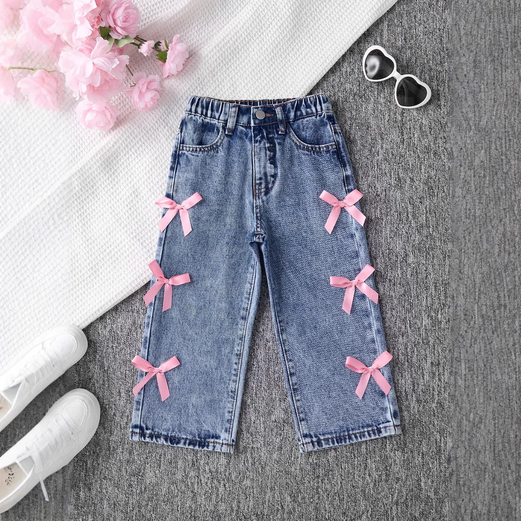 Europe America 2026 New Girls' Bow Elastic Waist Wide Leg Jeans High Waist Versatile Girls Denim Pants