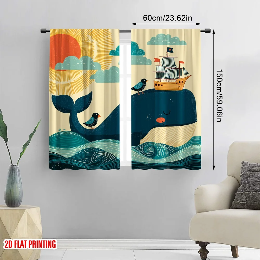 2pcs 2D flat printing Drapes Whale Bird Sailboat Ocean Digital Printed Polyester Drapes Festive Curtains Perfect for Parties and