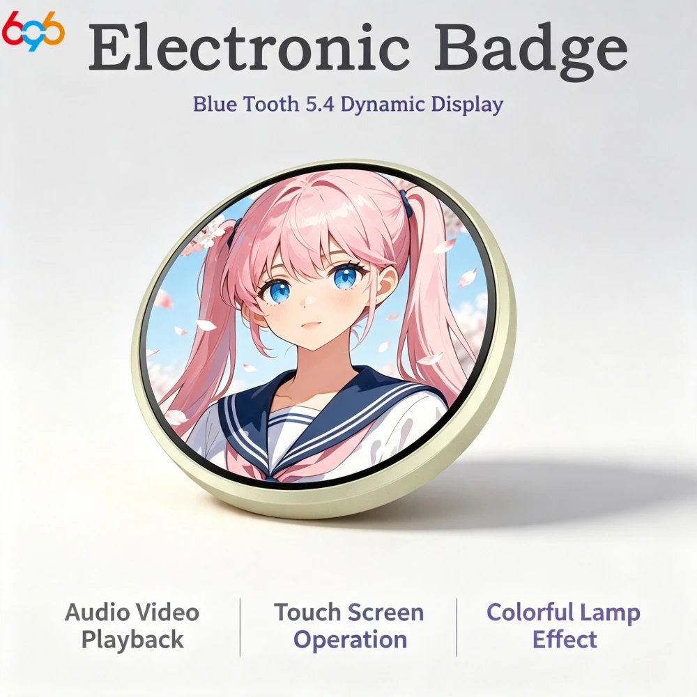 Mini Bluetooth Electronic Badge Brooch Music Playback Color Lamp Dynamic Picture Touch‑screen Bidirectional Fast Transfer