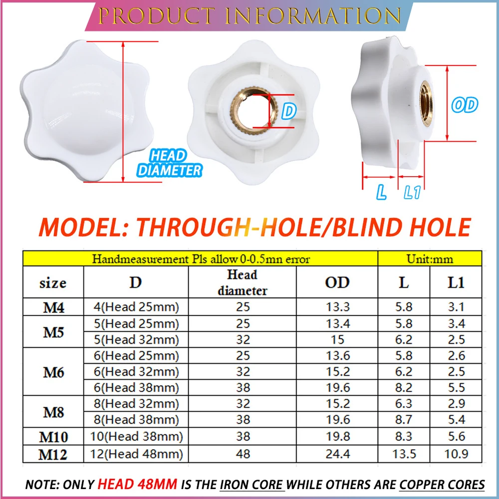 M4 M5 M6 M8 M10 M12 Plum Hand Tighten Nuts Handle Thread Mechanical Hole/Blind Hole Plum Handle Nut Clamp Knob Manual Perforated