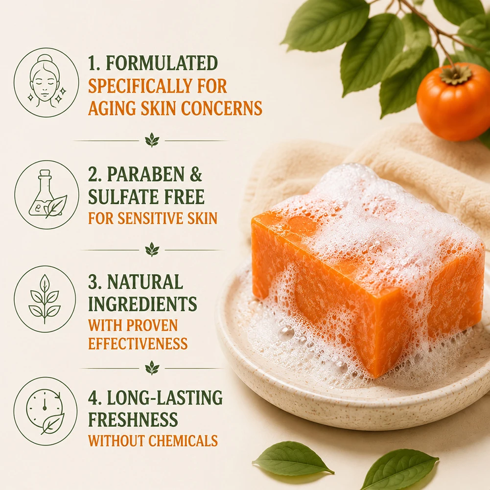 100g Organic-Persimmon Soaps,Natural Deodorant Bar Soaps For Odor Removal Long-Lasting Freshness Daily Skincare Essential