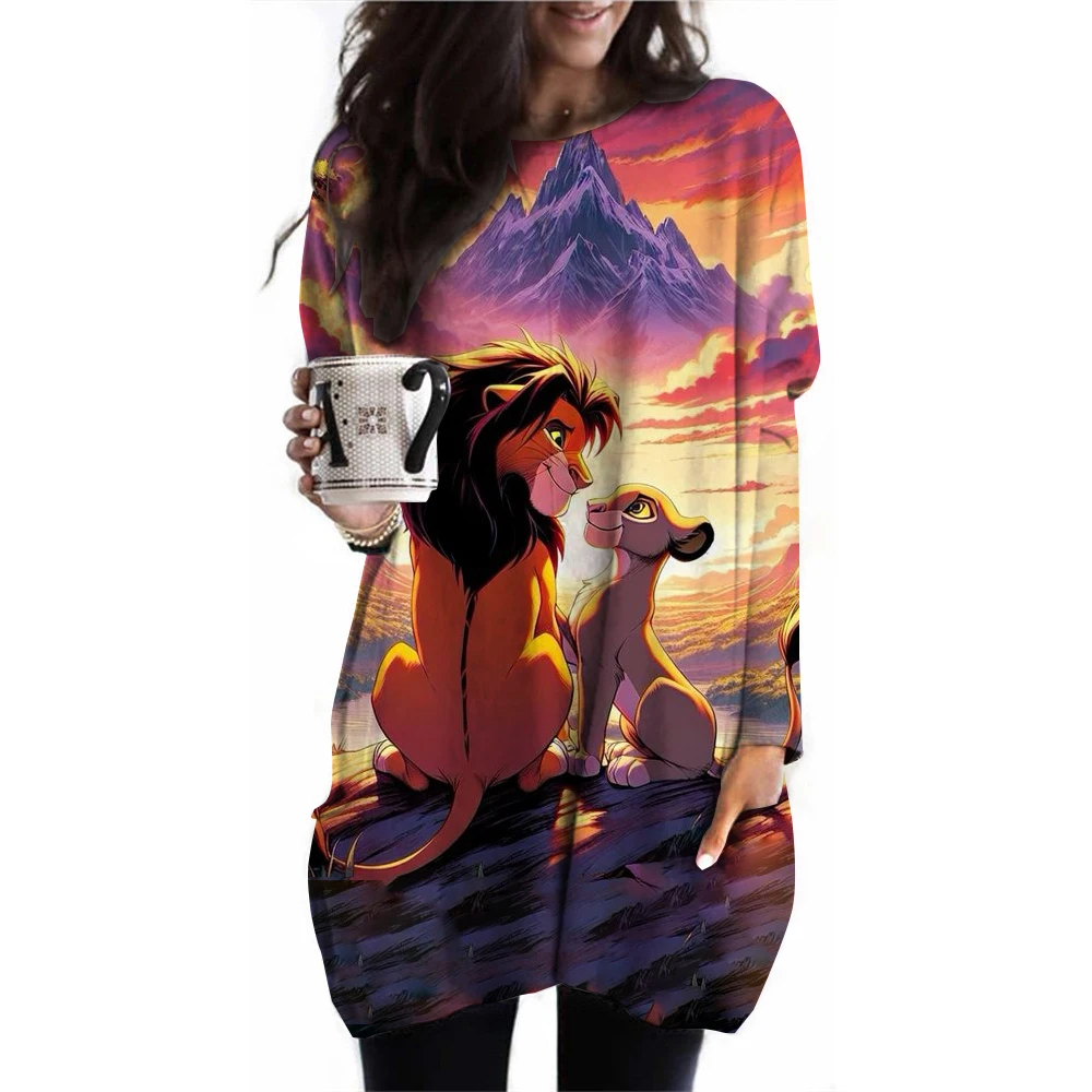 2024 Spring/Autumn Long Sleeve T-shirt Disney Lion King Printed Women\'s Top Women\'s Cartoon Printed Pocket T-shirt