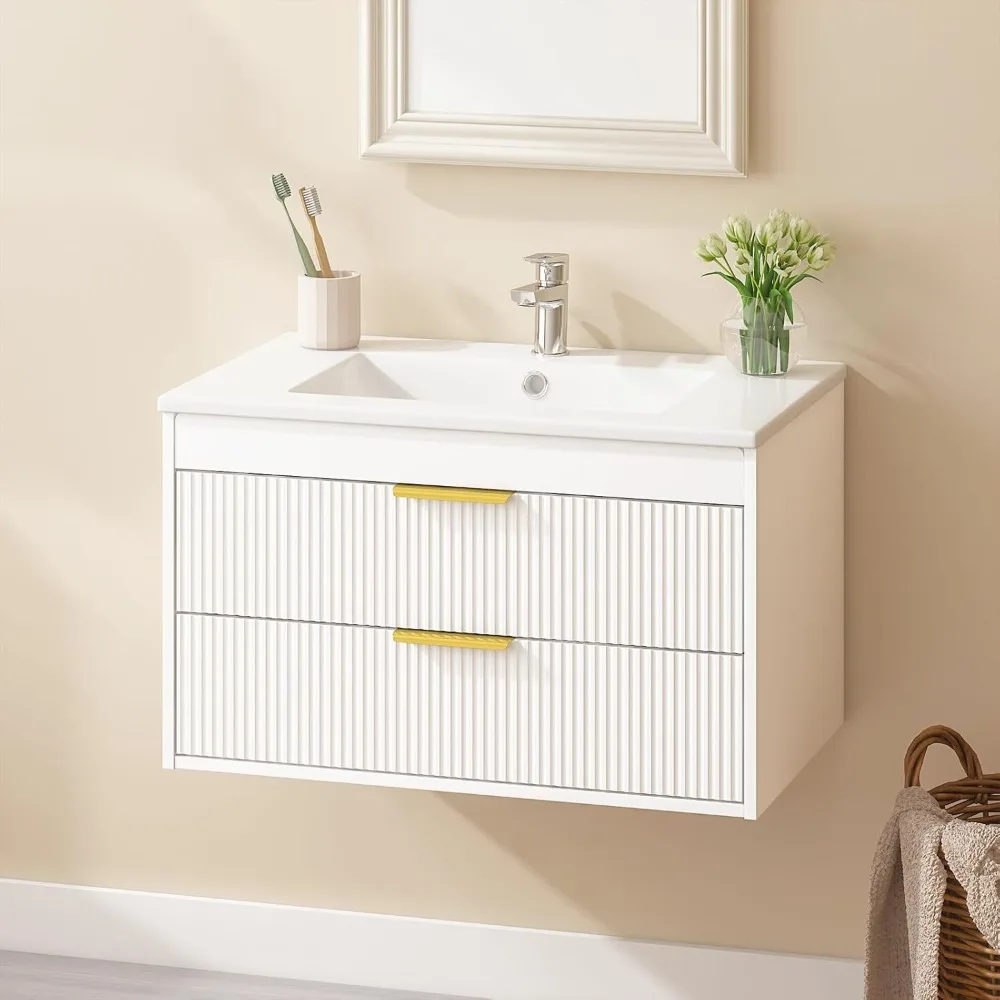 

30" Bathroom Vanity Cabinet with Ceramic Sink, Wall-Mounted Floating Vanity, 2 Large Storage Drawers, with Sensor LED Light