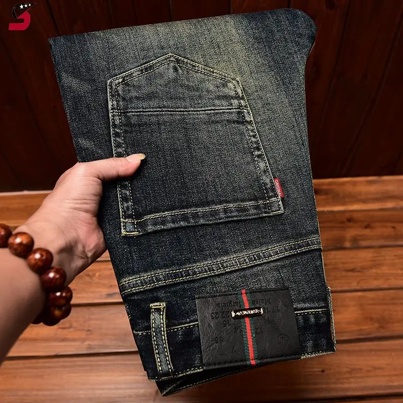 2025 New Men's Vintage Retro Jeans Men's Autumn Distressed Patched Slim Fit Stretch High-end Long Pants