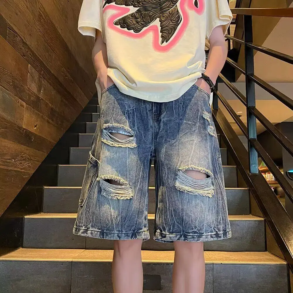 Washed Retro Ripped Denim Shorts For Men American Casual Fashion Street Style Summer Pocket Splicing Straight Leg Shorts