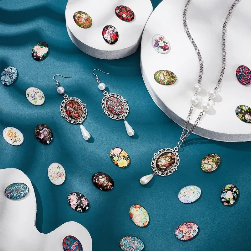 50 قطعة كبوشن الزجاج البيضاوي 25x18 مللي متر زهرة مطبوعة الزجاج كبوشن خمر مختلط اللون بلاط الموزاييك لقلادة صور الحرفية