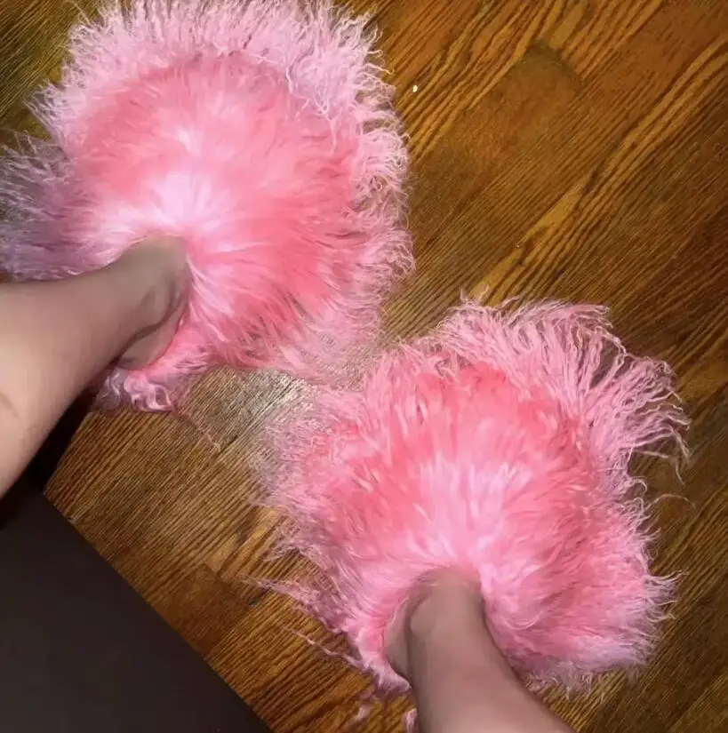 Women Fur Slides Female Sandals Fluffy Cute Mongolian Fur Slides New Plus Size Fashion Slippers Female Plush Flat Shoes