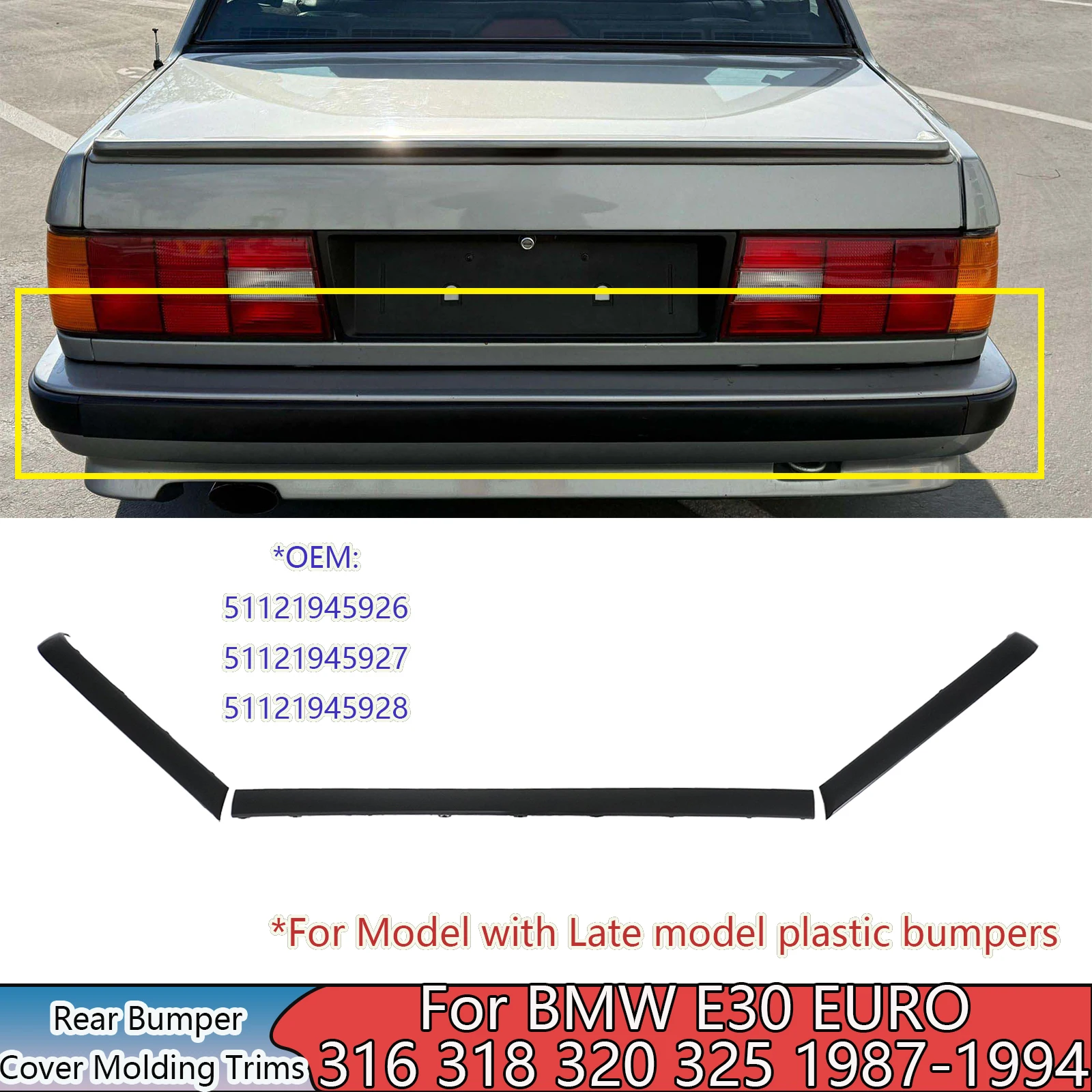 Para BMW E30 EURO 316 318 320 325 1987-1994, juego de molduras de cubierta de parachoques trasero, kit de carrocería, repuesto negro 51121945928