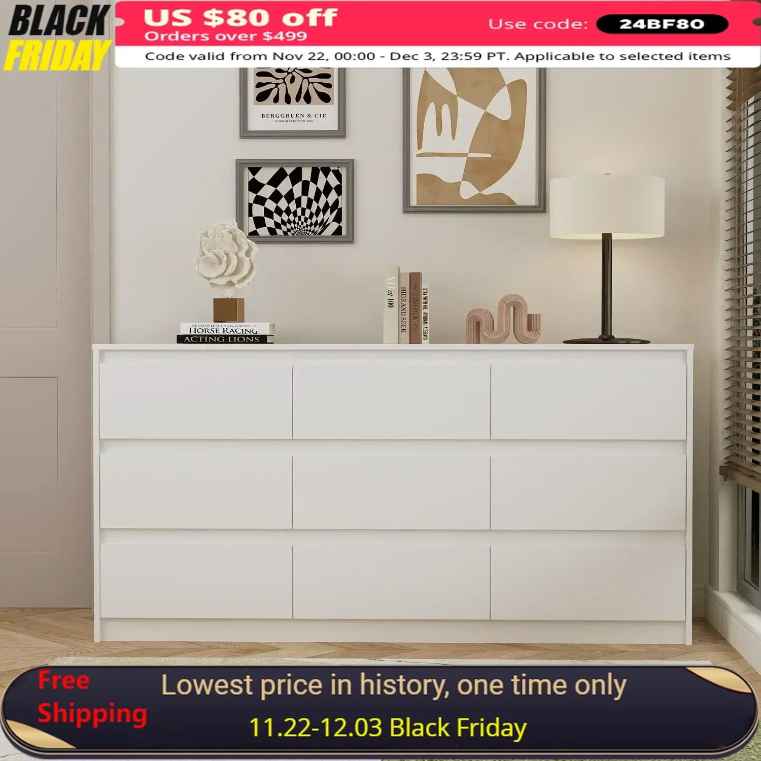 

9 Drawers Double Dresser, 63”L X 15.7”W X 31.5”H, Modern Chest of Drawers with Large Storage Space, Wood Dresser