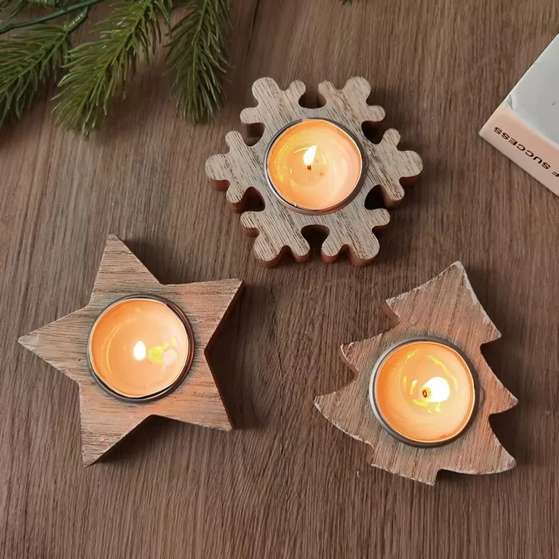 2026 Christmas Wooden Candle Holder Home Desktop New Year Party Holiday Decoration Tree Five Pointed Star Snowflake Candlestick