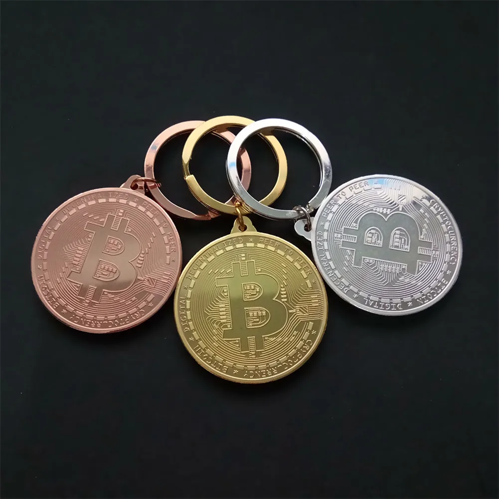 BTC Coin Key Chain Bitcoin Pendant Metal Keychain Gold Black Silver Halloween Cos Kid New Year Holiday Christmas Birthday Gift