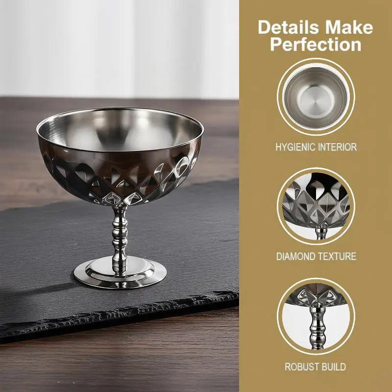 Stainless Steel Dessert Bowl Goblet Style Shatter Resistant Reusable Cup for Ice Cream Salad Fruit Snack Wedding Party Gifting