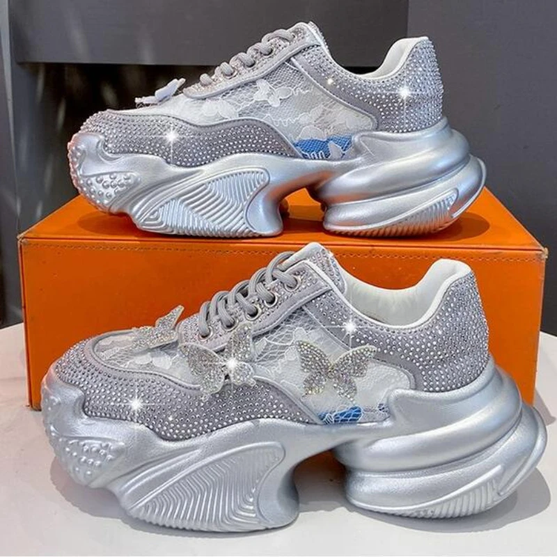 New 2025 Women Platform Shoes Crystal Thick-soled White Silver Shoes Shining Crystal Sneakers Trend Casual Sneakers