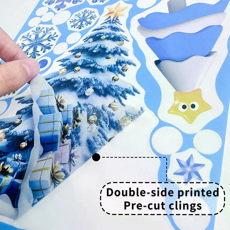 Blue Christmas Window Clings-Static Sticker Set With Bells, Reindeer, Santa, Snowflakes & Snowman For Holiday Party Decor
